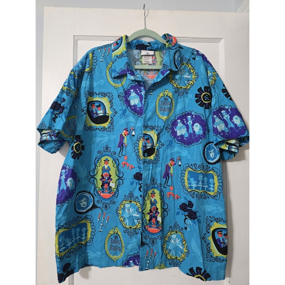 Disney Blue Multi-Color Haunted Mansion Print Casual Button-Down Shirt